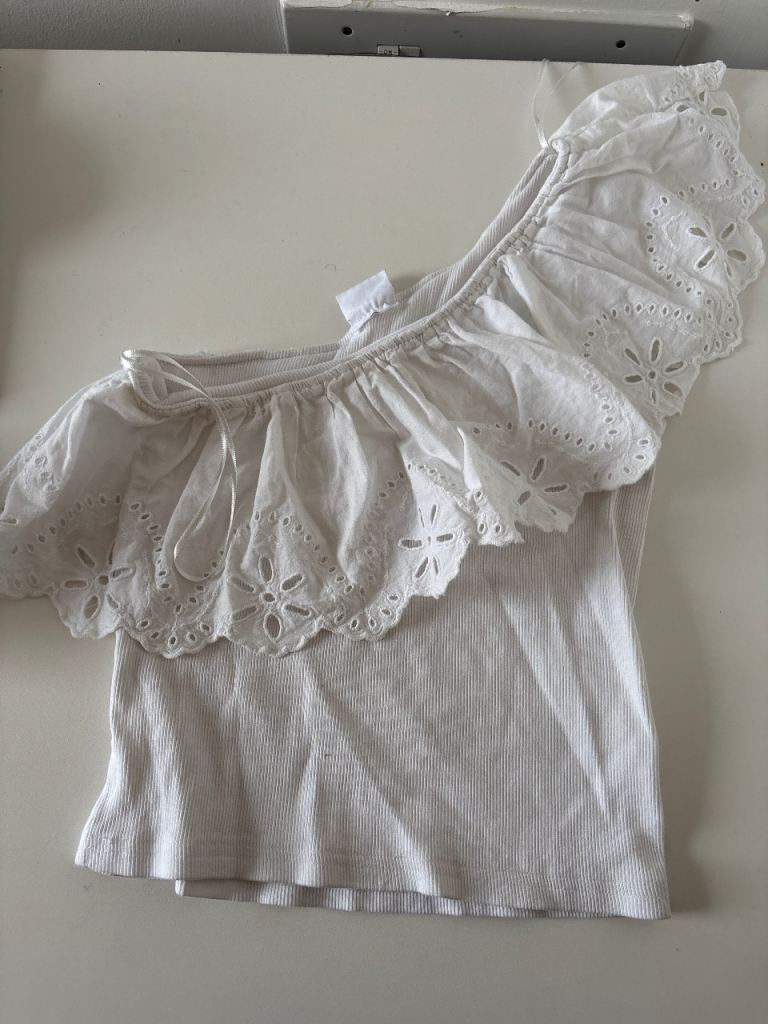 White One-Shoulder Ruffle Top with Broderie Anglaise Detail