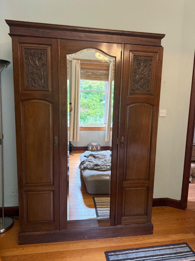 Large Antique Wooden Wardrobe Armoire with Carved Detail