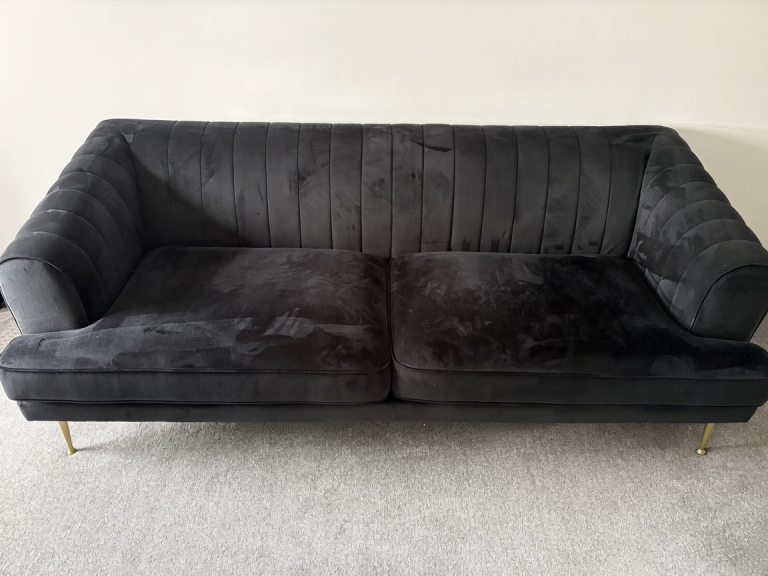 Black Velvet 4- Seater Sofa with Gold Legs and Matching Footstool