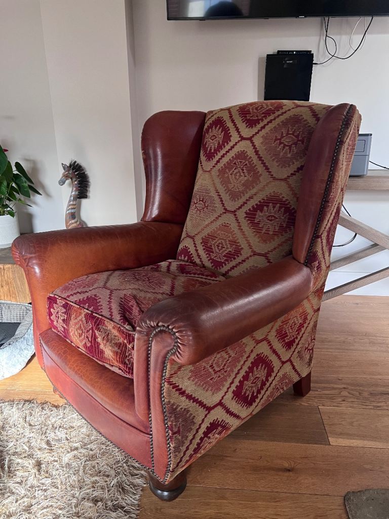 Tetrad Leather & Fabric Wingback Armchair – Quality Statement Chair – £250