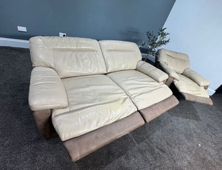 SCS Two Tone biscuit Leather & Brown Suede Fabric Power Recliner 3 Seater Sofa & Armchair  £395 