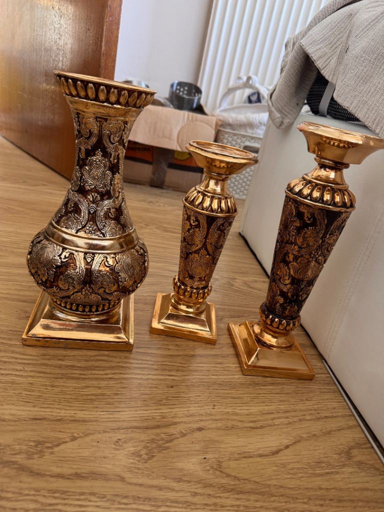 Set of 3 Ornate Gold & Brown Decorative Vases/Candle Holders