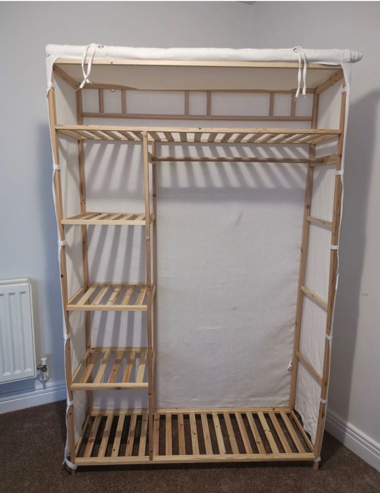 Wooden Frame Wardrobe with Fabric Cover – Very Good Condition