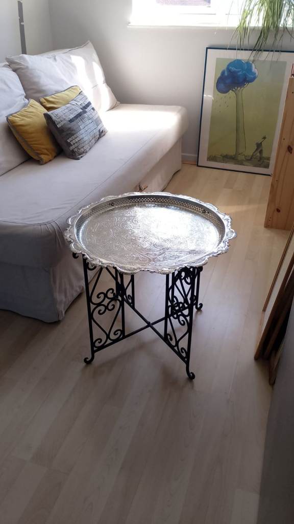 Moroccan Round Silver 22'' Tray Coffee Tea Table with folding Stand