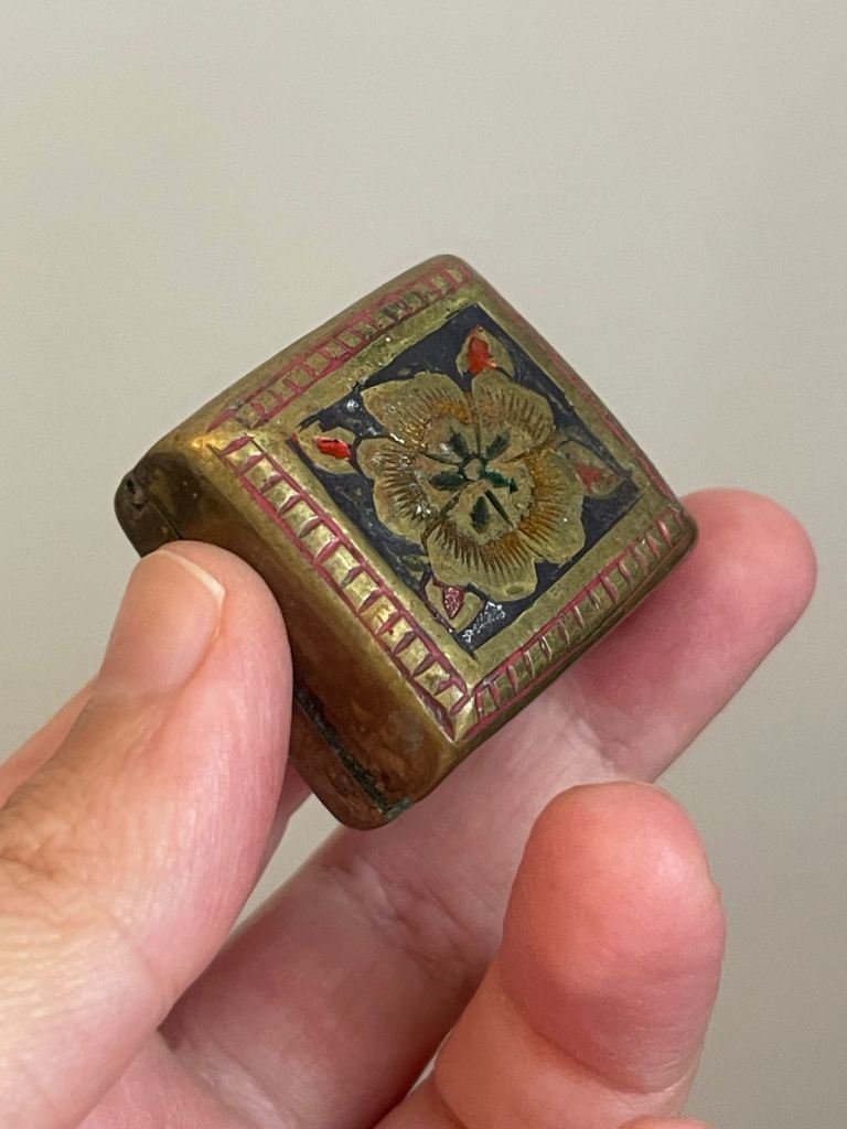 Antique Enamel Brass Hinged Snuff Pill Box Floral Design