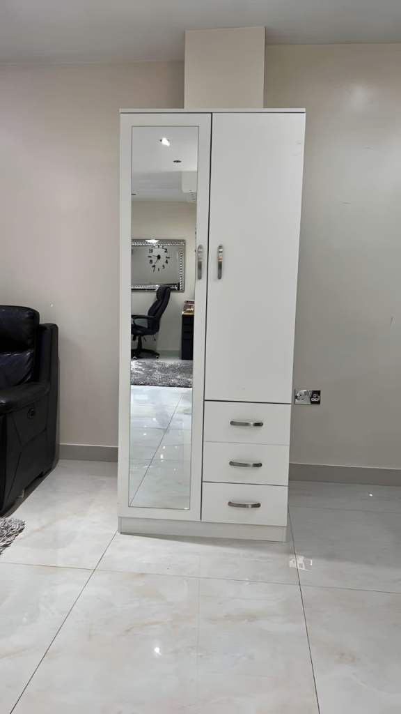 White Wardrobe with Mirror and Drawers – Good Condition