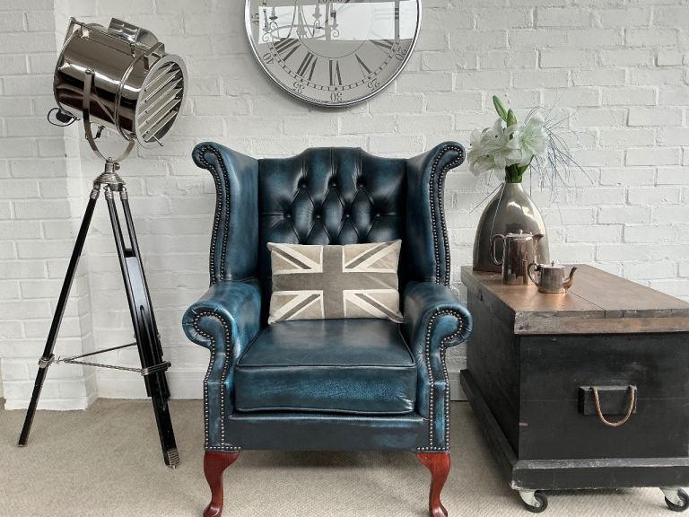 Stunning blue Wingback Queen Anne Chesterfield armchair. Delivery. 
