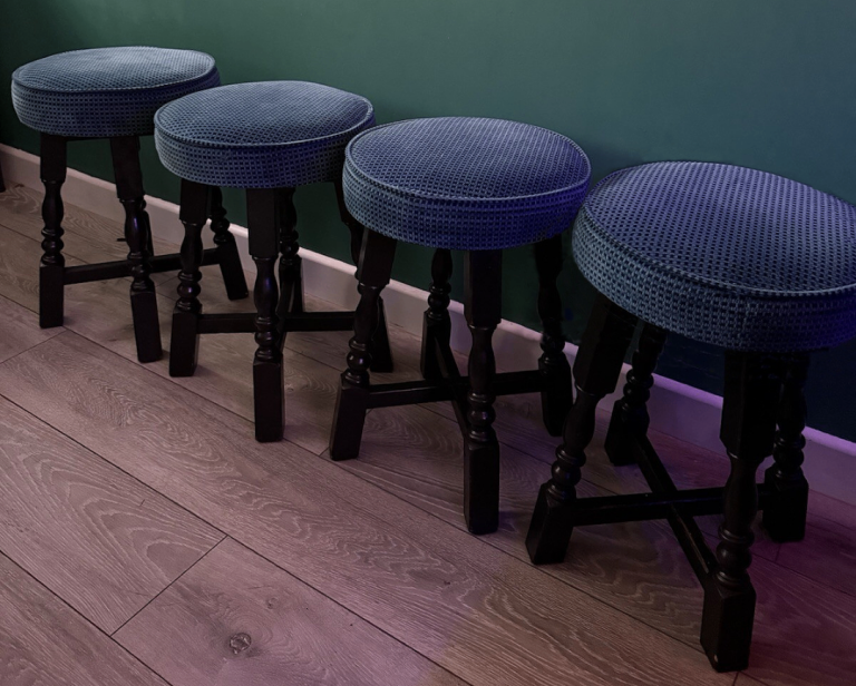 FOUR EXCELLENT SHORT WOODEN PUB STOOLS: - SHED, HOME BAR, MAN OR WOMAN CAVE