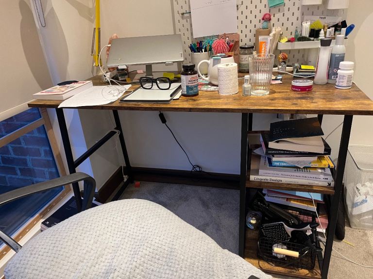 Work desk - dark wood with black stainless steel