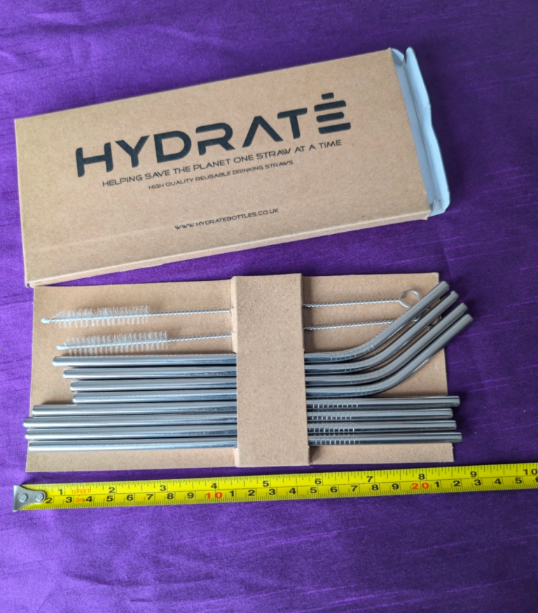 HYDRATE 8 Stainless Steel Eco Reusable Metal Drinking Straws +2 Cleaning Brushes