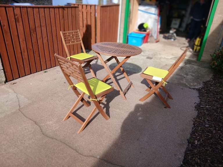 WOODEN GARDEN TABLE AND 3 CHAIRS