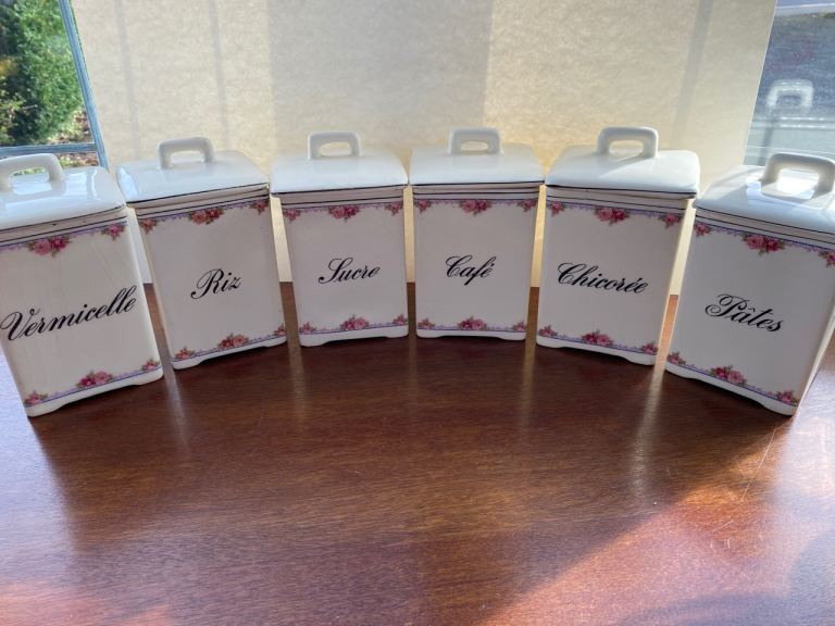 Set of 6 pretty Art Deco decorative French Pottery Kitchen Food Storage Canisters 