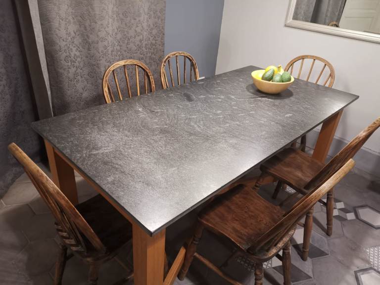 Vintage Solid Oak Dining Table with Slate Top + 6 Antique Pine School Chairs