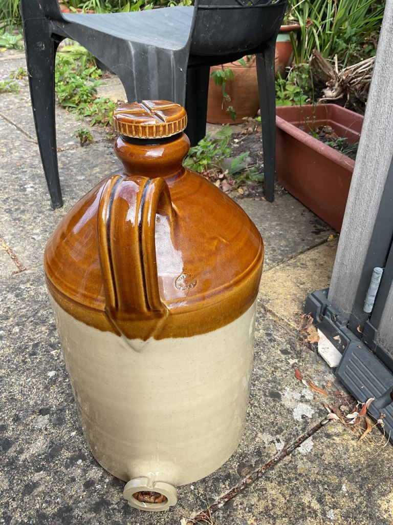 Large Vintage Stoneware Demijohn Crock – Brown & Cream