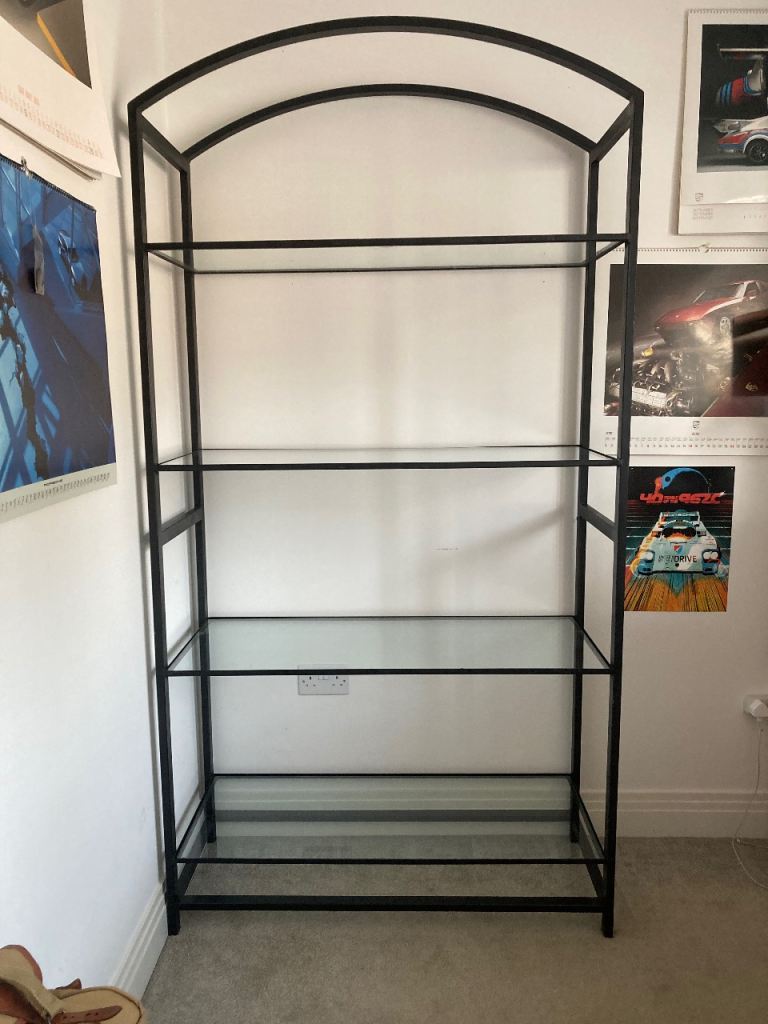 Habitat 1980s Black solid steel and Glass Display Shelf Unit with Arch Top