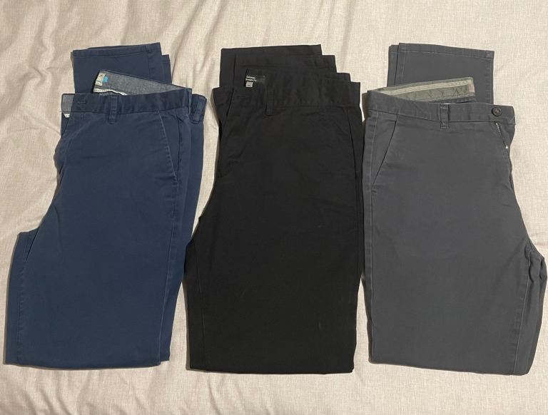 Three Pairs of Men's Chino Trousers – Black, Blue, Grey