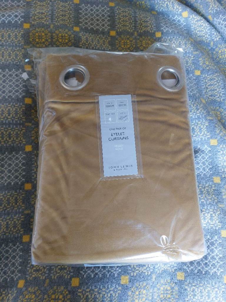 Pair of New John Lewis Velvet Gold Eyelet Curtains - 137cm Drop, 228cm Width