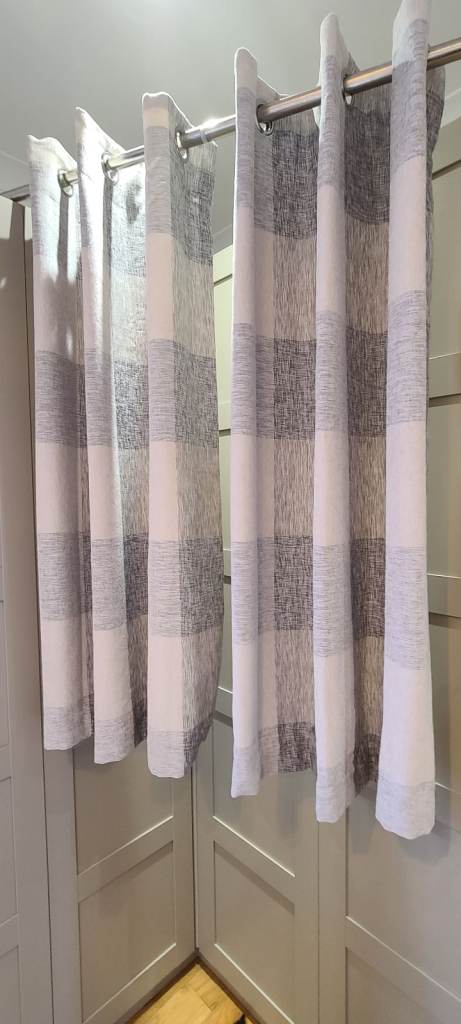 Pair of Grey, Natural, Cream  Check Curtains.
