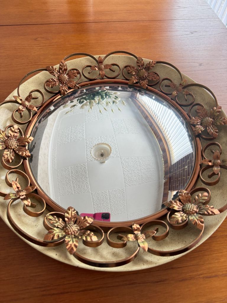 Original Vintage 1950's Round Gilt Metal Brass Decorative Convex Mirror Leaf detail.