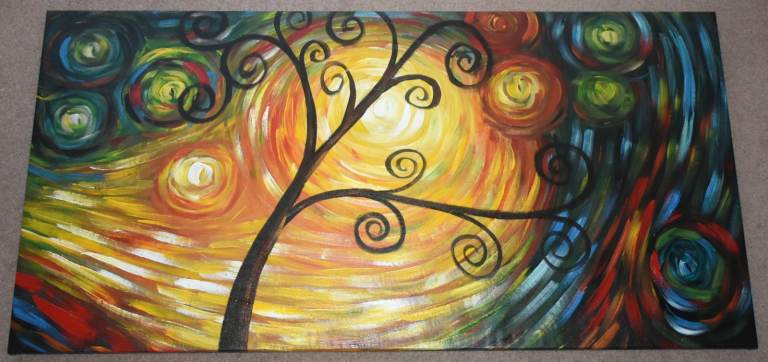 Canvas Art Painting Tree Sun Yellow Red Blue Green Vibrant Colourful Expressionist