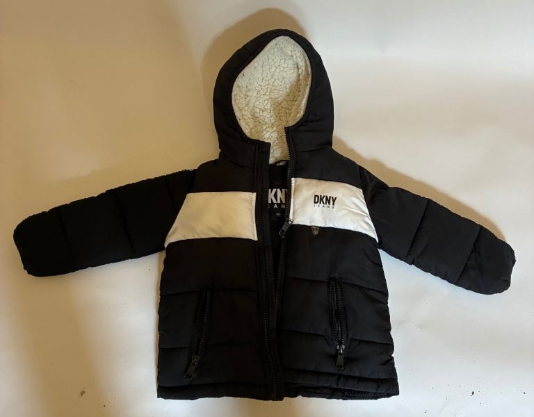 DKNY Jeans Kids Puffer Jacket – Black with White Stripe, 24 Months