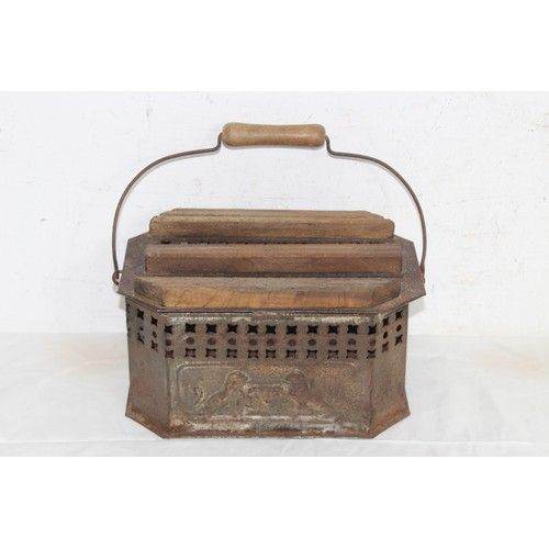 Vintage Antique French Carriage Foot Warmer with Oak Treads & Inner Coal Tray : 24 x 19 x 23cm