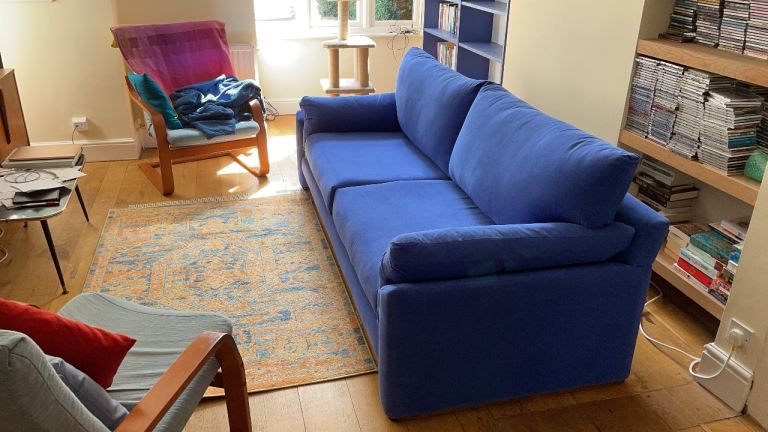 Heals Paris 4 seater blue fabric sofa