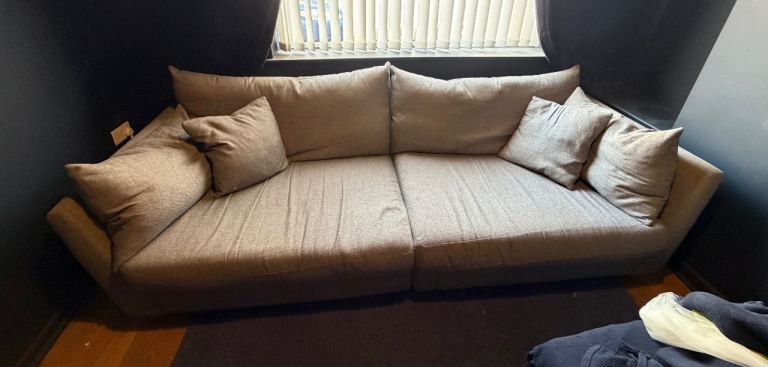 Large Grey Fabric Sofa with Cushions – Good Condition