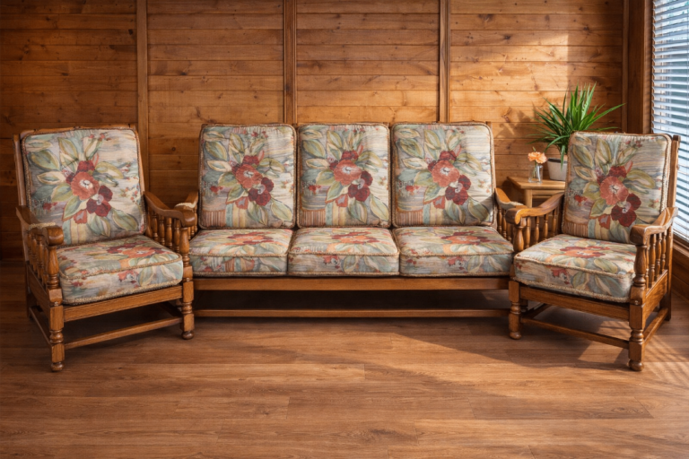 Ercol Solid Hardwood Conservatory Suite Sofa & 2 Chairs – Rewebbed and recovered