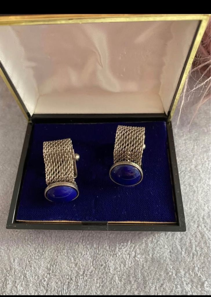 Vintage Style Cufflinks with Blue cabochon Stone – Boxed