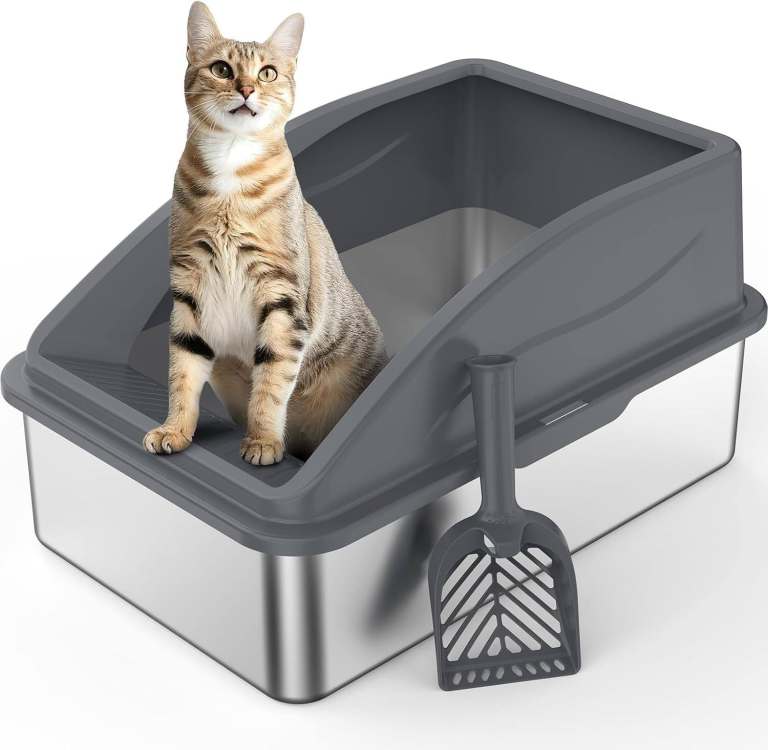 FURTIME Stainless Steel Cat Litter Tray Grey with Detachable Enclosure