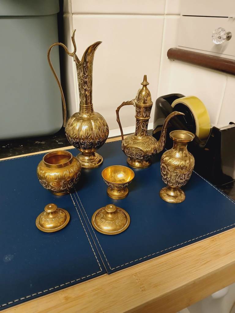 Set of 5 Antique brass ornaments, good condition.