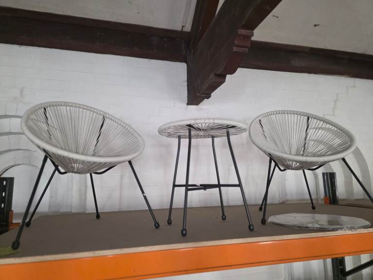 A new already built white string style  Garden Patio Furniture Set 3 Pieces  