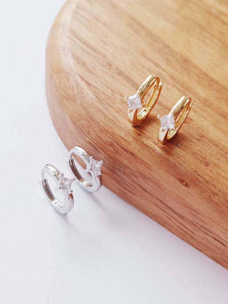 14K Gold or Silver Plated Princess Cut CZ Hoop Earrings Minimalist Jewellery Gift for Women New