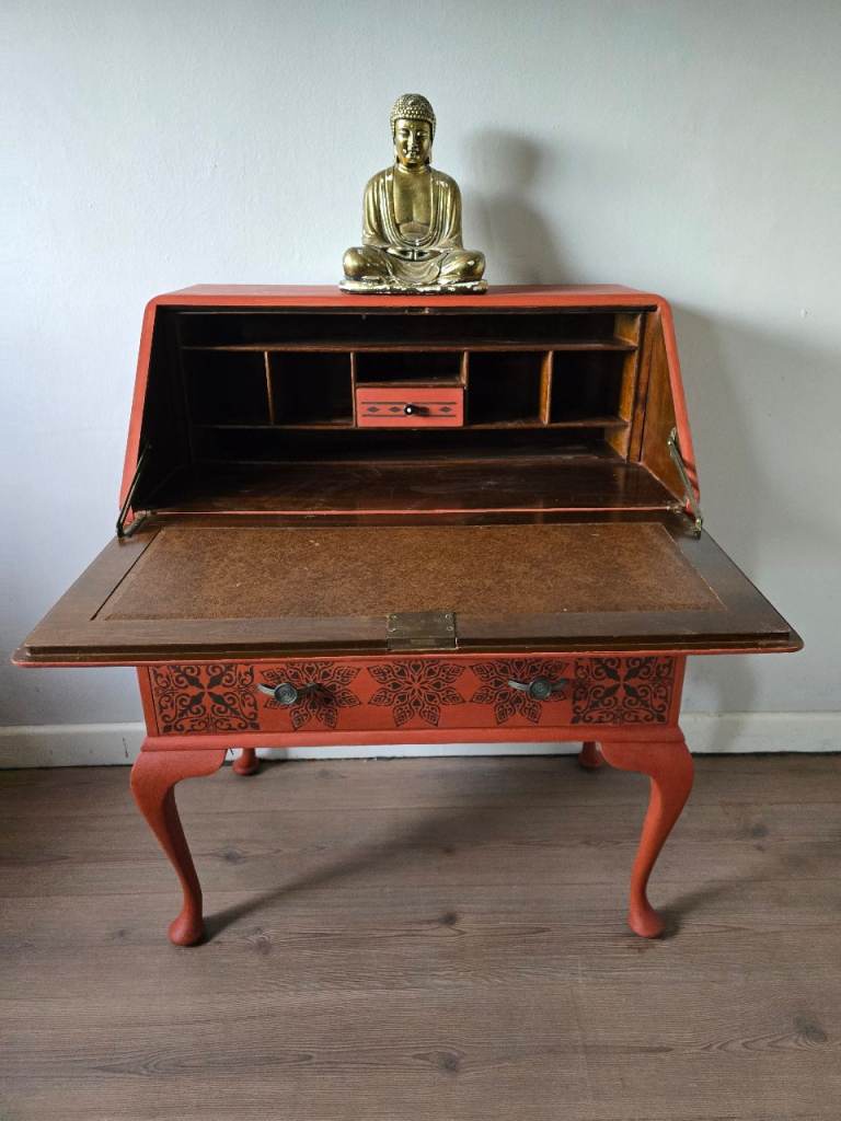 REFURBISHED Vintage Bureau Writing Desk Bohemian Moroccan Henna Stencil - Local Delivery