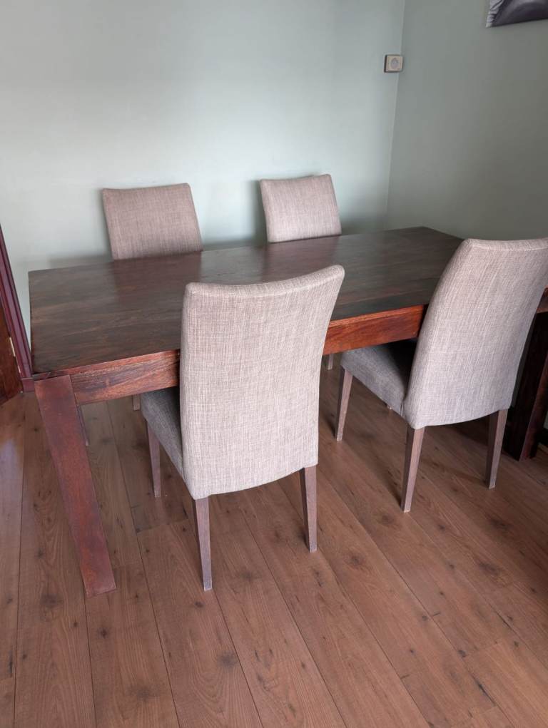 Solid Dark Wood Dining Table and Four Fabric Chairs