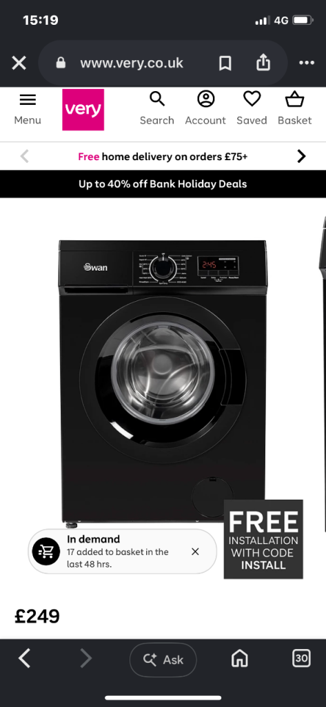 Swan Black Washing Machine - used once 