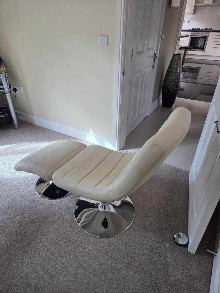 Cream Faux Leather Accent Chair and Foot Stool