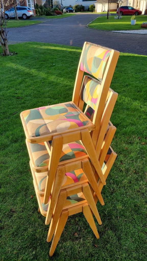 Dining chairs, mid-century / retro. Made in UK, Re-upholstered, stacking hardwood (beech)