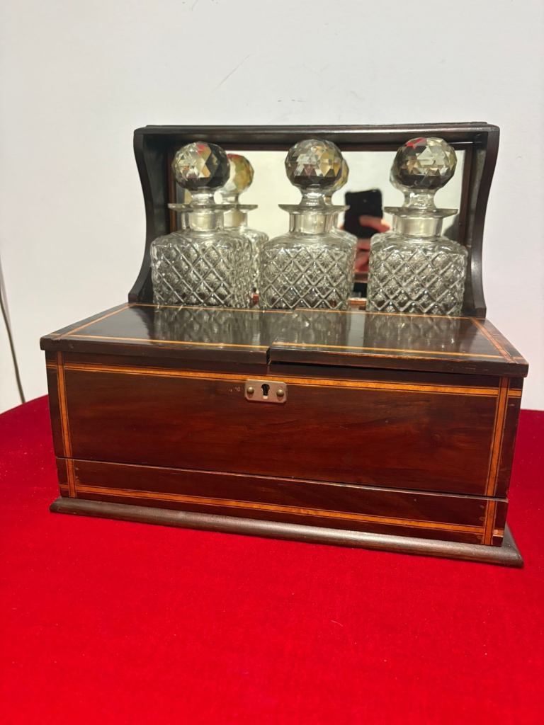 Antique Mahogany Tantalus with Box Wood Marquetry Holds 3 Decanters and 2 Glasses 