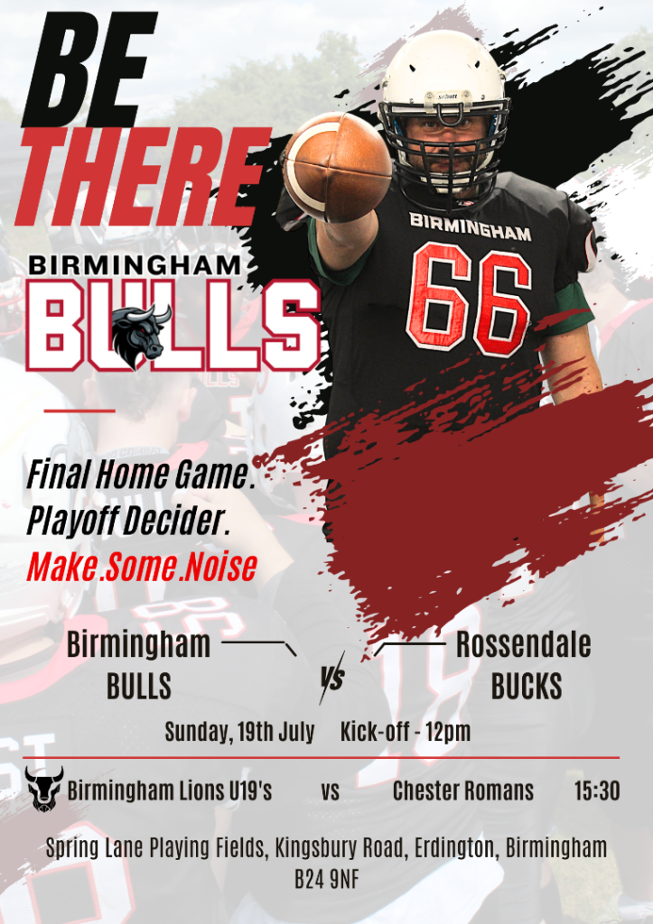 Birmingham Bulls American Football Team. This Sunday in Playoff Decider. Free Admission. 