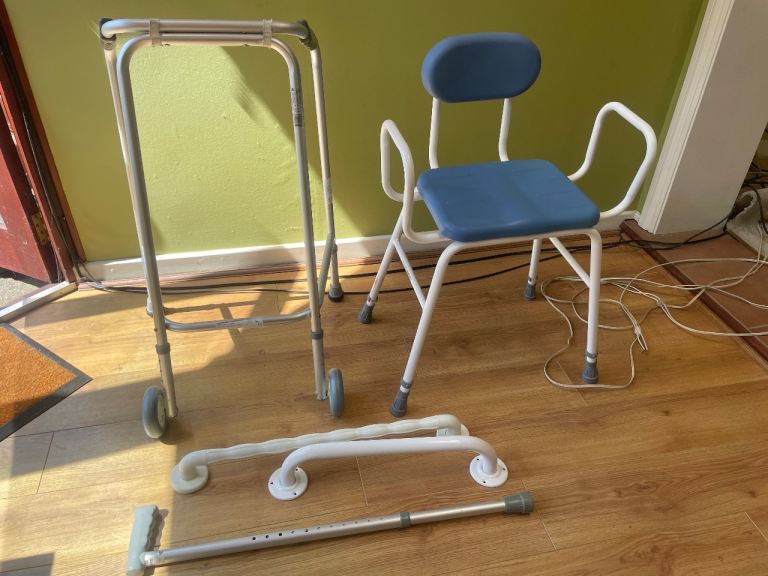 Mobility Aids Bundle: Walker, Shower Chair, Grab Rails, Walking Stick