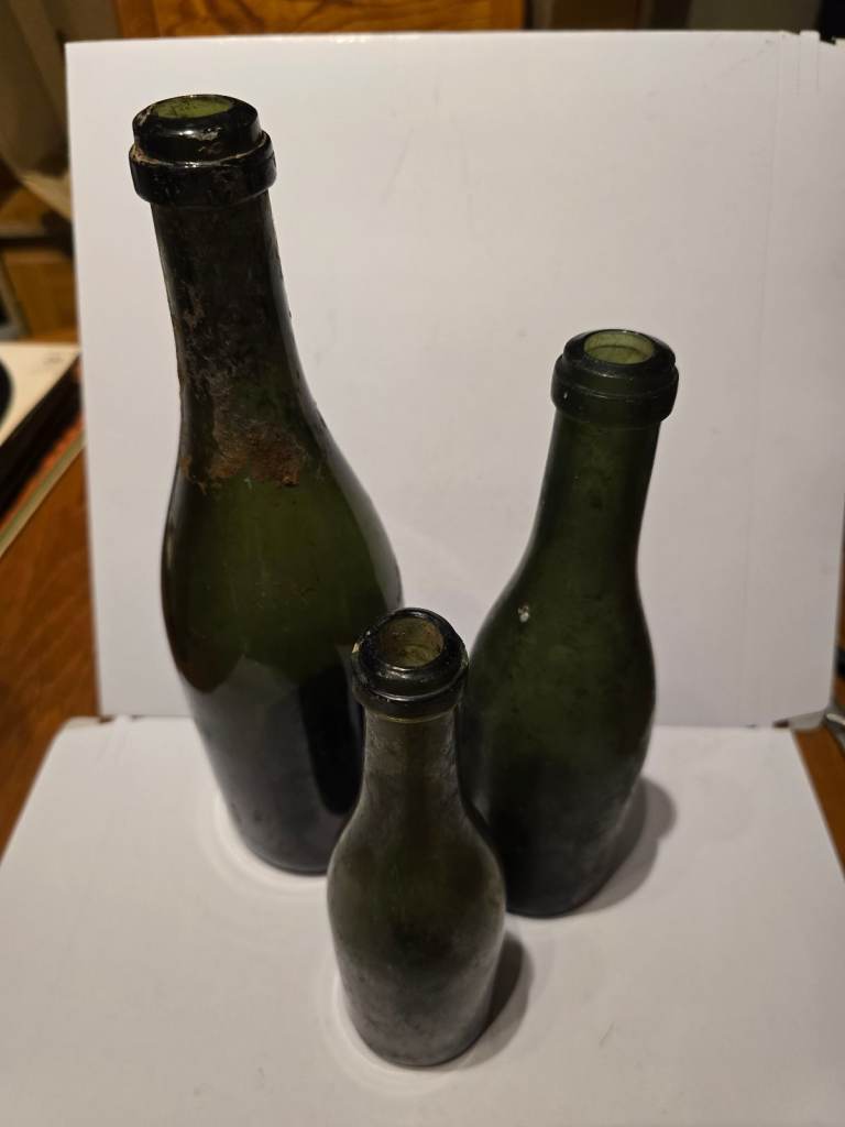 Three Antique 1800s Hand Blown Dark Green Wine Bottles - Deep Punt At Base.