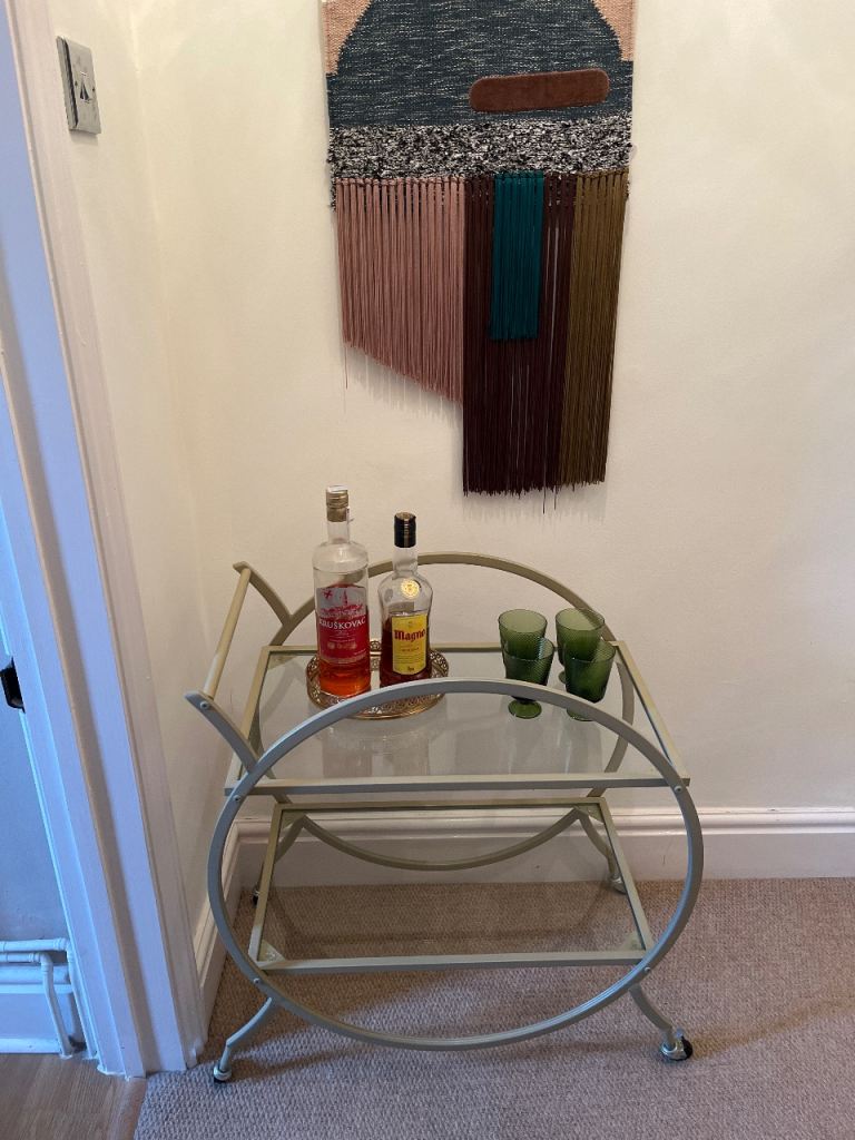 Stylish Gold Metal and Glass Drinks Trolley – Good Condition