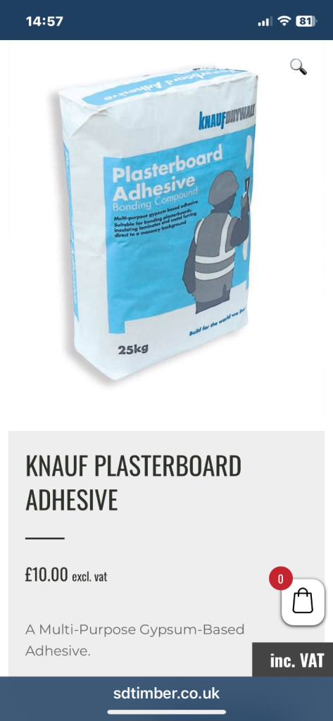 25kg bag of plasterboard adhesive. New. 