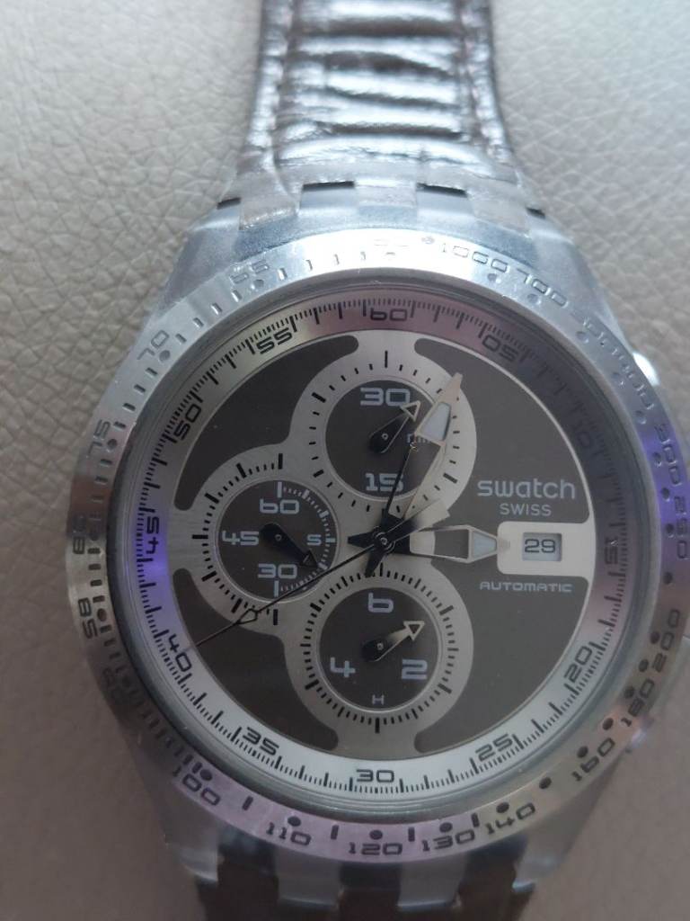 Swatch Automatic Chronograph Watch - Grey Dial, Clear Casing