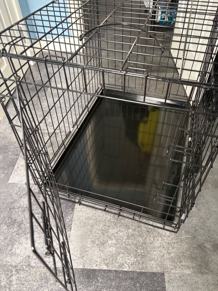 Black metal dog crate with plastic tray