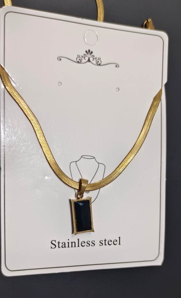 New Golden Flat Snake Chain Necklace with Black Rectangle Pendant