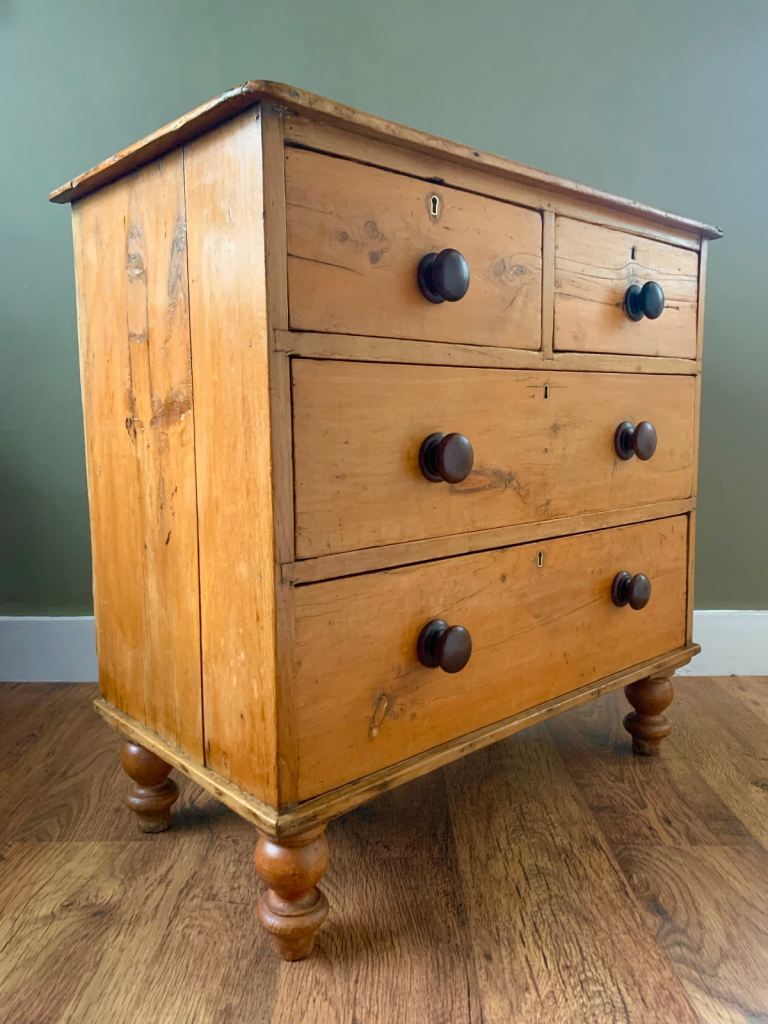 Antique Victorian Rustic Pine & Mahogany Bun Handle Chest of Drawers c1870