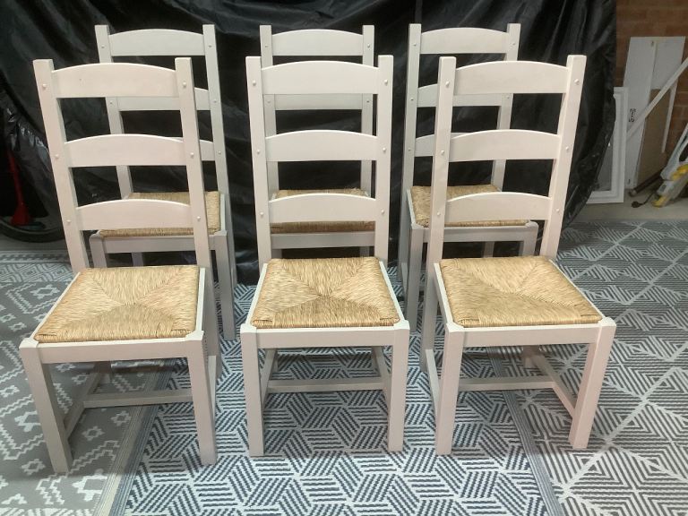 Set of 6 Wooden Dining Chairs with Woven Seats – Good Condition
